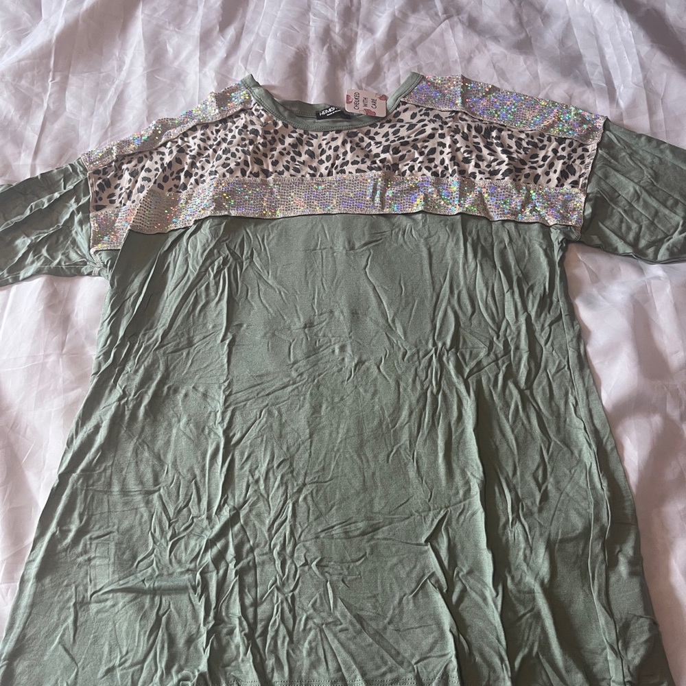 HEIMISH USA Sage green Short Sleeve Tee with animal print & sequin details